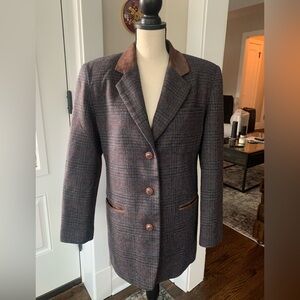 Vintage Express Blazer Womens M Plaid Tweed Wool Suede Leather Trim Lined Preppy